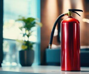 Fire extinguisher mounted on a wall in a modern and elegant interior